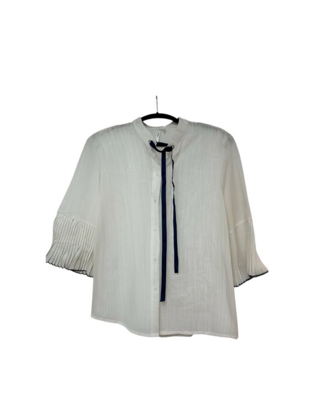 Marble White Pleated Bell Sleeve Blouse Size L